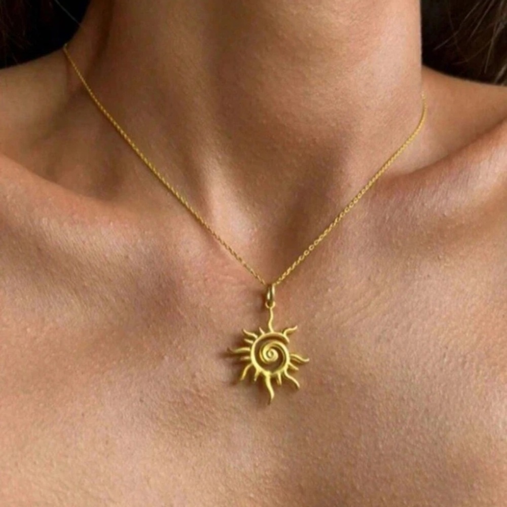 Gold Tone Sun Pendant Necklace | Spiral Boho Jewelry